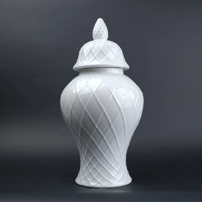 Ivory lattice jar front view, pinecone lid