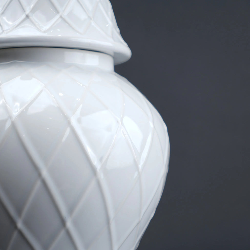 Ivory lattice jar close-up, embossed pattern