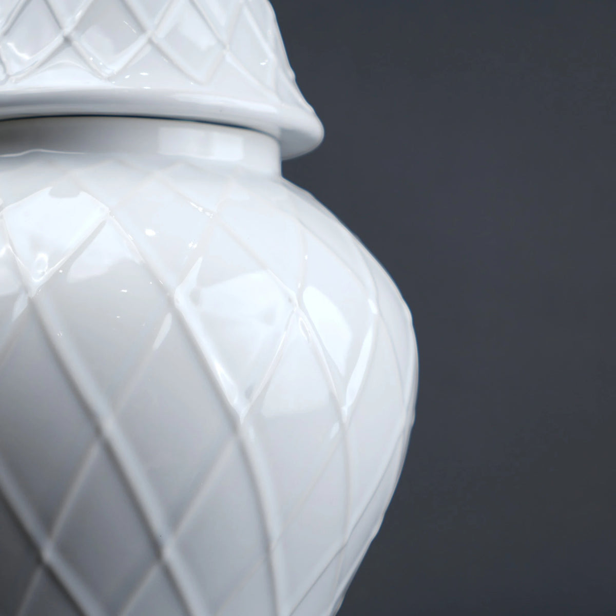 Ivory lattice jar close-up, embossed pattern