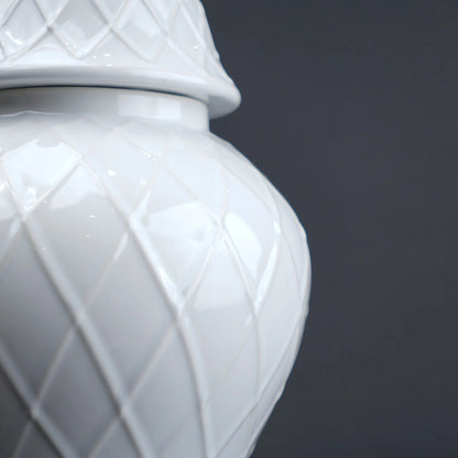 Ivory lattice jar close-up, embossed pattern