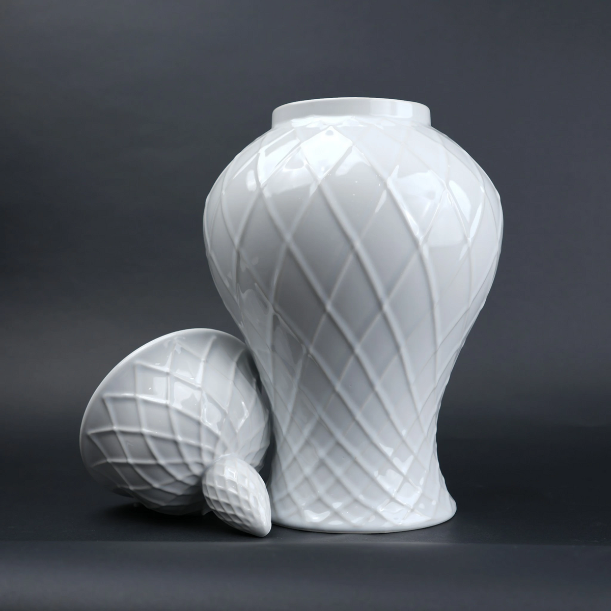 Ivory lattice jar side angle, lid leaning