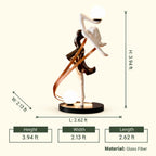 Modern floor lamp with white base and curved wooden arm in a room setting.