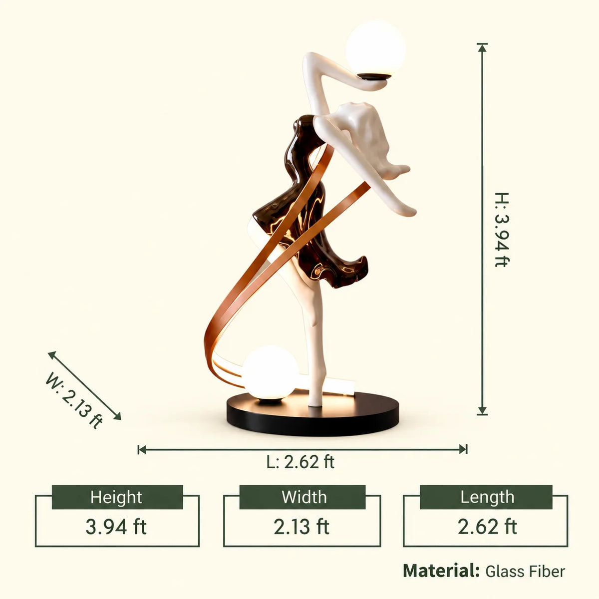 Modern floor lamp with white base and curved wooden arm in a room setting.