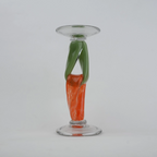 Modern art glass candle holder with green body and orange accent frame