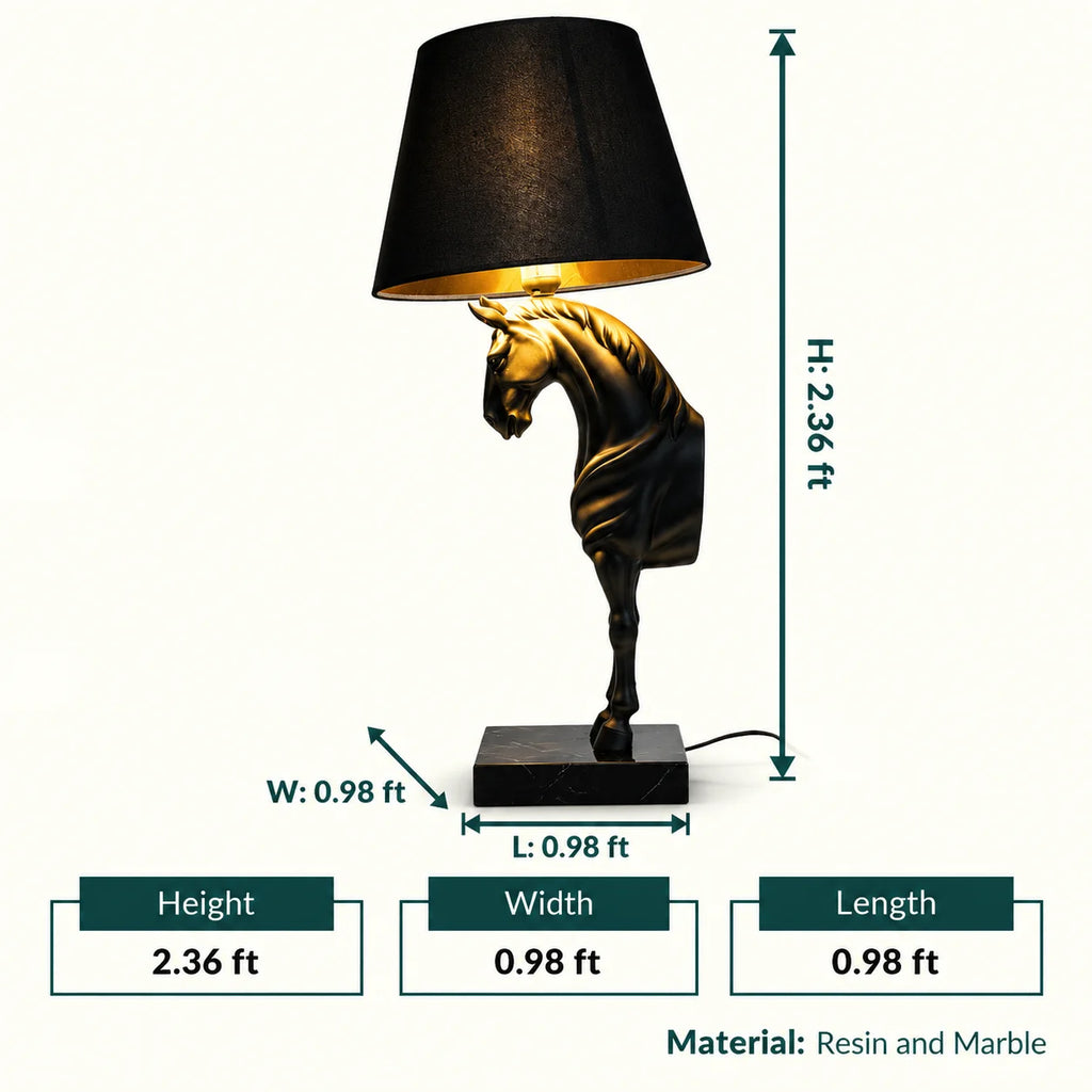 Horse table lamp featuring a detailed horse-shaped base with a premium finish, paired with a fabric lampshade that provides soft ambient lighting, designed as a decorative and functional lighting piece.