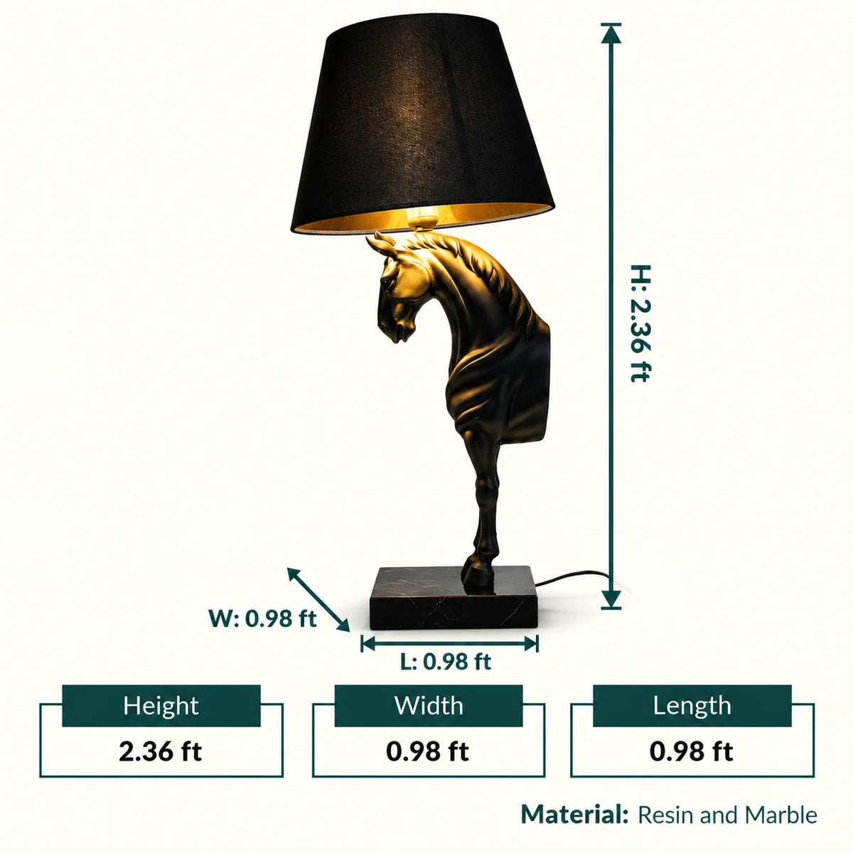 Horse table lamp featuring a detailed horse-shaped base with a premium finish, paired with a fabric lampshade that provides soft ambient lighting, designed as a decorative and functional lighting piece.