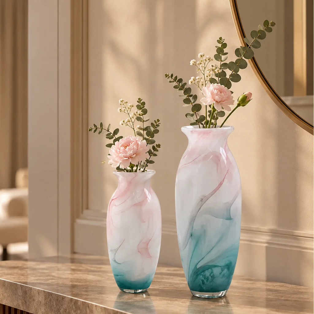 Textured marble-effect glass vase with soft gradient finish and rounded silhouette.