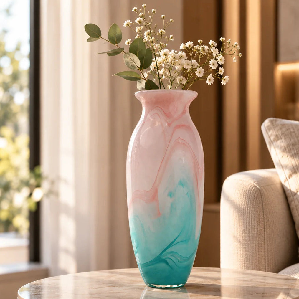 Textured marble-effect glass vase with soft gradient finish and rounded silhouette.