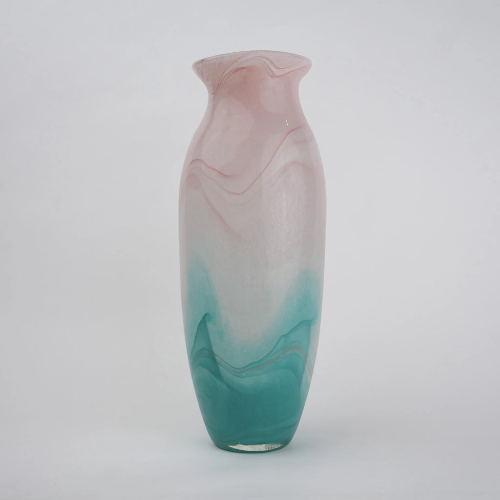 Textured marble-effect glass vase with soft gradient finish and rounded silhouette.