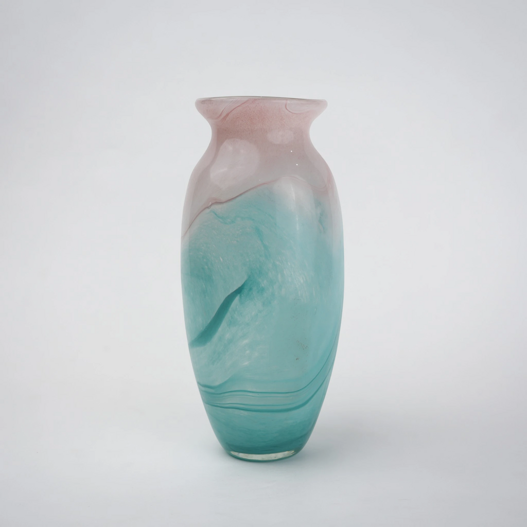 Textured marble-effect glass vase with soft gradient finish and rounded silhouette.