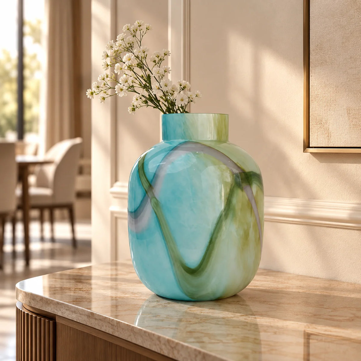 Blue marble effect glass vase with a smooth glossy finish, featuring a rounded body and short cylindrical neck, designed as a modern decorative piece for home decor styling.