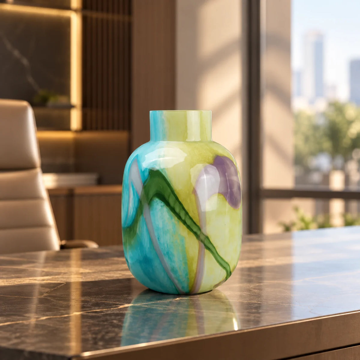 Blue marble effect glass vase with a smooth glossy finish, featuring a rounded body and short cylindrical neck, designed as a modern decorative piece for home decor styling.