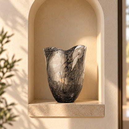 Decorative smoked glass vase with abstract black swirl detailing and floral arrangement.