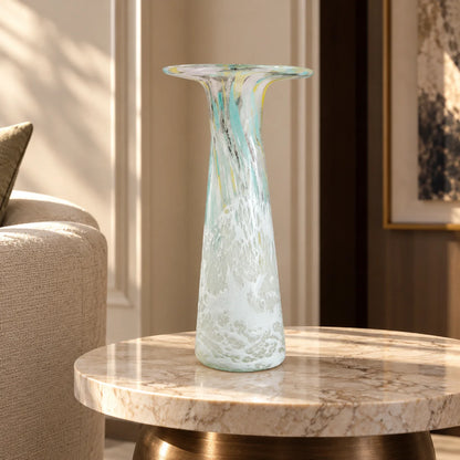 Tall frosted white glass vase with elongated tapered body and flared iridescent rim.