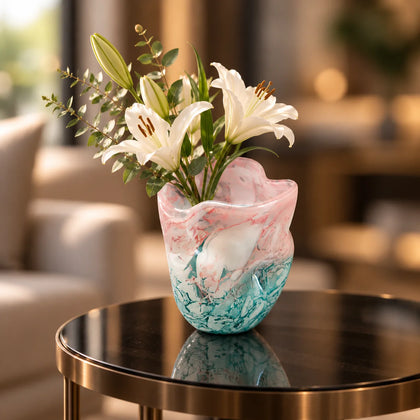 Frosted white glass vase with aqua gradient base and soft blush marble veining.