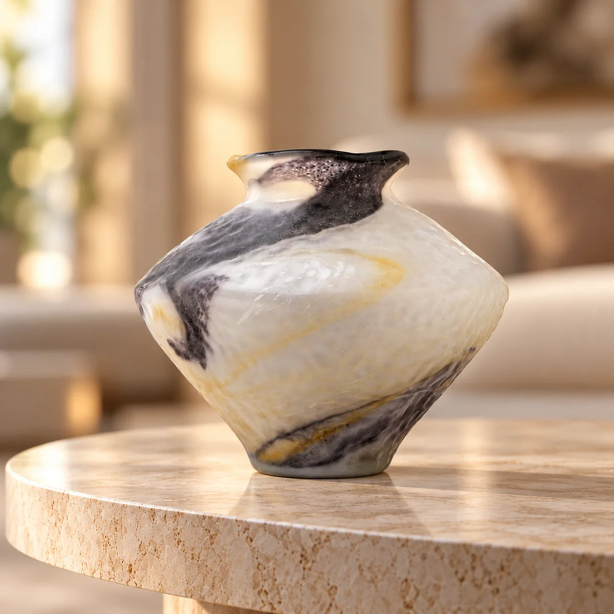 White marble art glass vase with organic pattern and wide asymmetrical form.