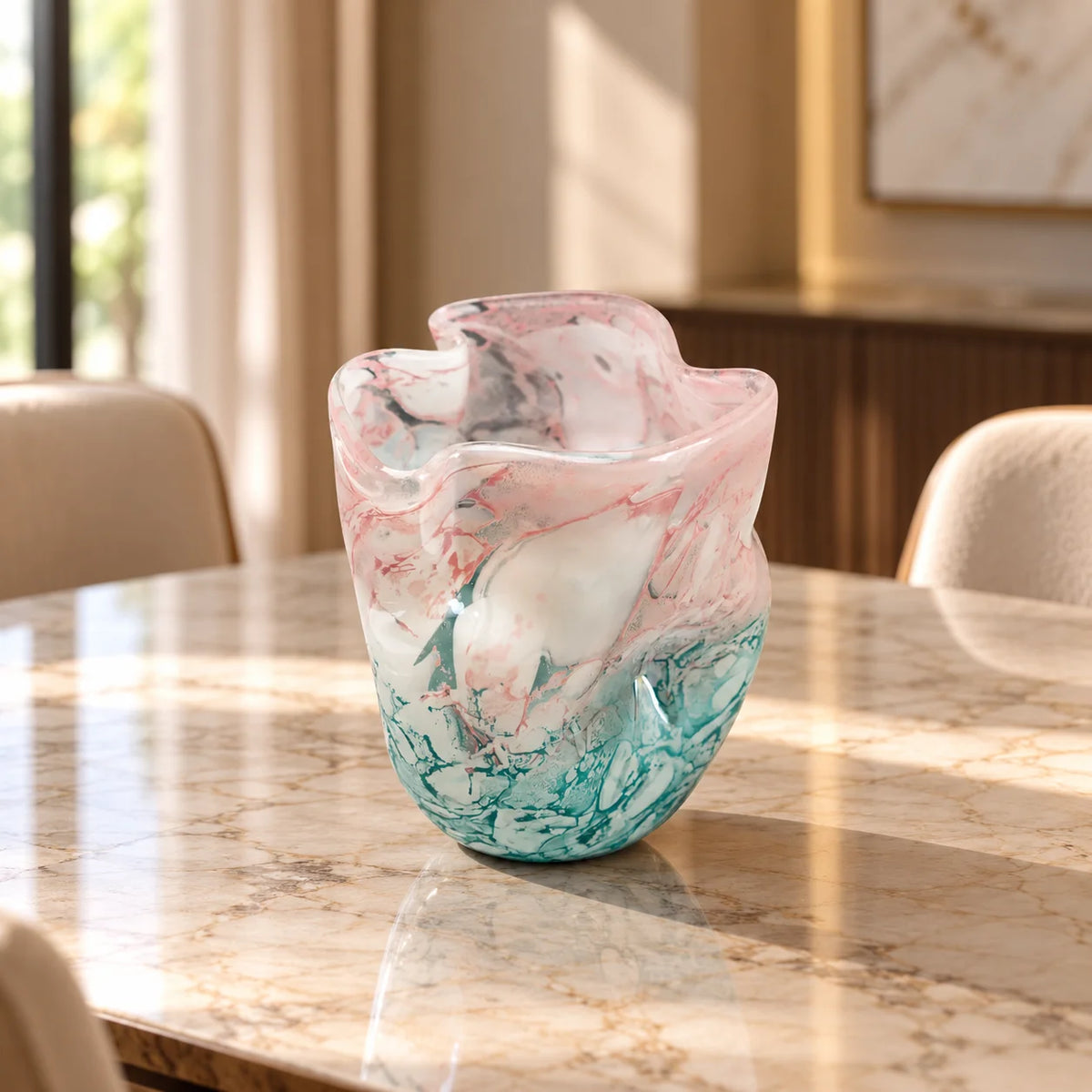 Frosted white glass vase with aqua gradient base and soft blush marble veining.