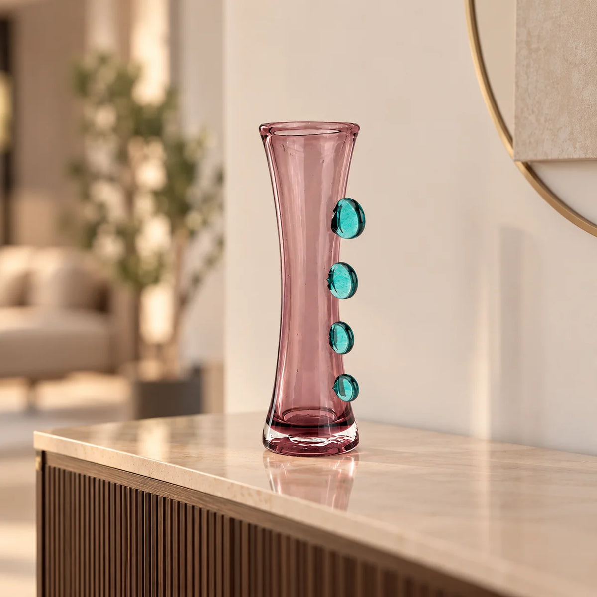 Purple art glass vase with elongated silhouette and raised translucent side accents.