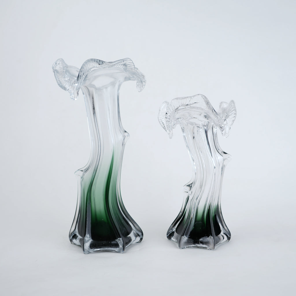 Clear glass vase with green gradient base and sculpted flowing design in small and big sizes