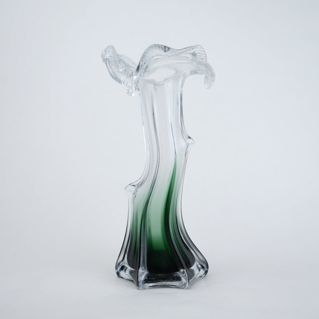 Clear glass vase with green gradient base and sculpted flowing design in small and big sizes