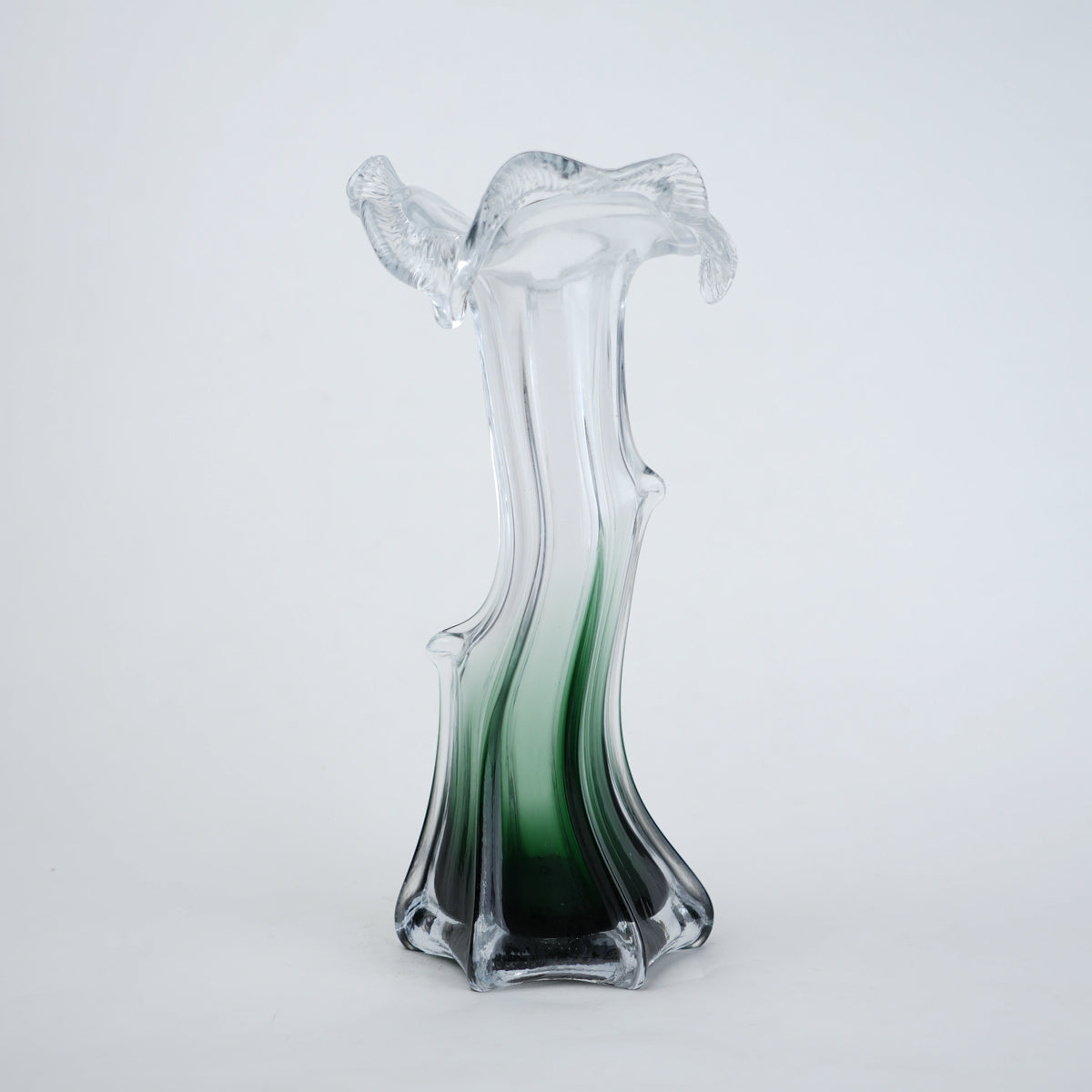 Clear glass vase with green gradient base and sculpted flowing design in small and big sizes