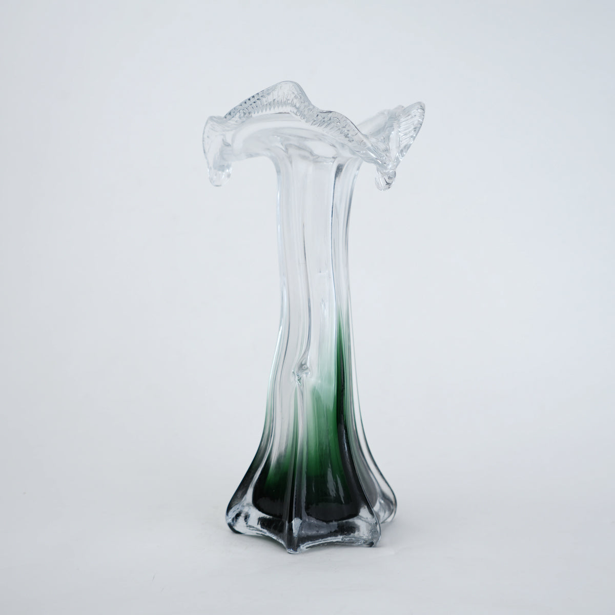 Clear glass vase with green gradient base and sculpted flowing design in small and big sizes