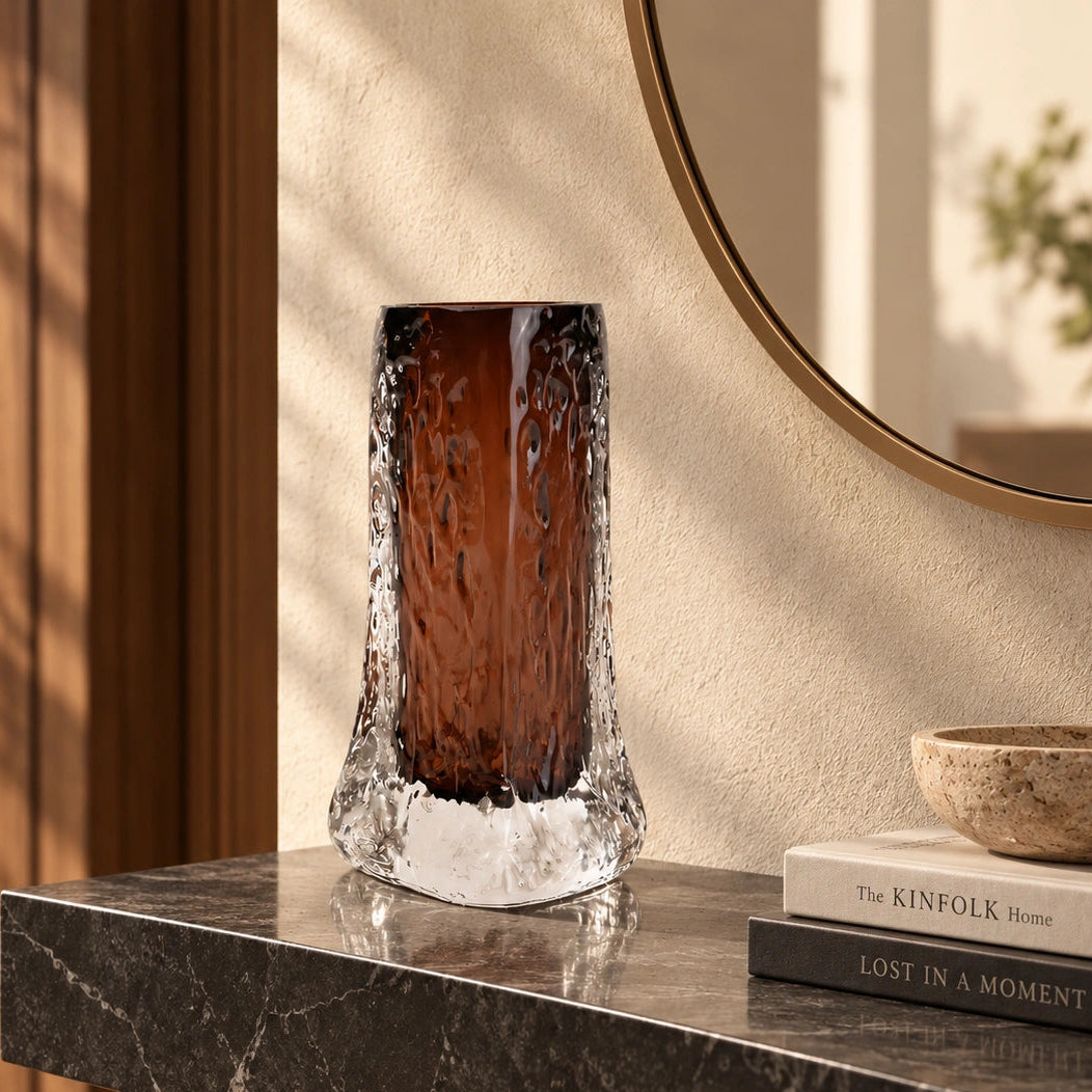 Mocha Glow vase, icy base, front on white