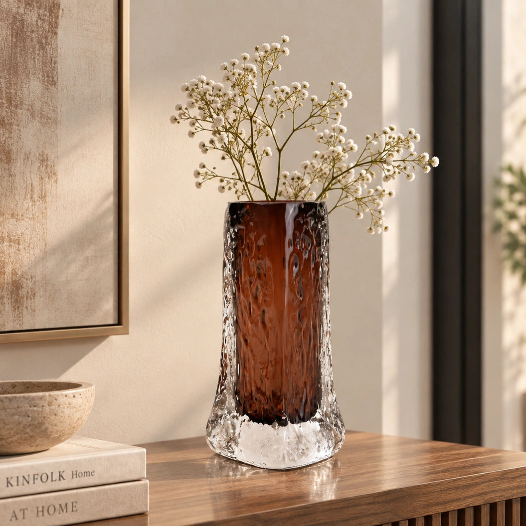 Mocha Glow vase, icy base, front on white
