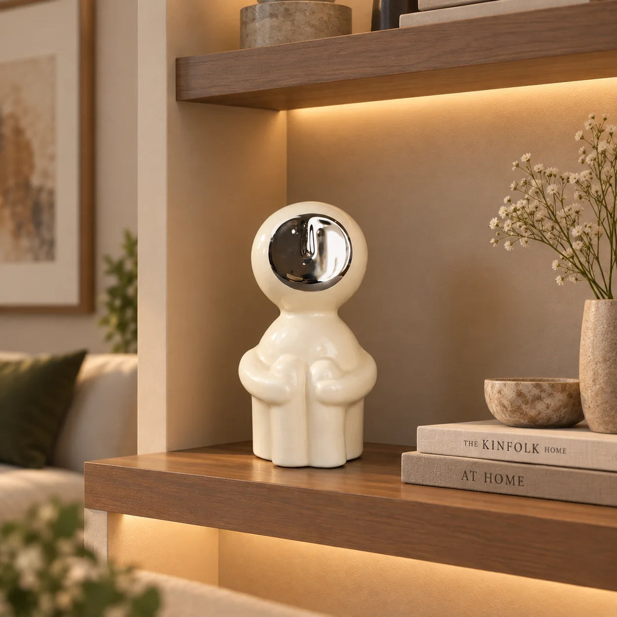 Modern human form decor in ivory white with chrome accent for contemporary home styling