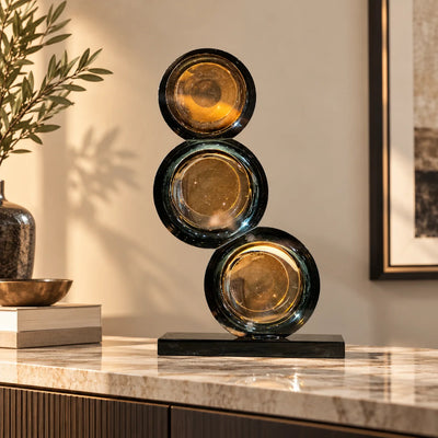 Modern Spherical Table Decor | Smoky Amber and Silver Reflective Decorative Accent with Black Base for Living Room, Office and Console Table