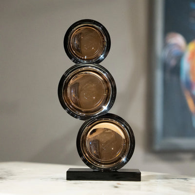 Modern Spherical Table Decor | Smoky Amber and Silver Reflective Decorative Accent with Black Base for Living Room, Office and Console Table