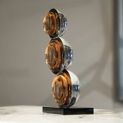 Modern Spherical Table Decor | Smoky Amber and Silver Reflective Decorative Accent with Black Base for Living Room, Office and Console Table