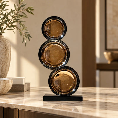 Modern Spherical Table Decor | Smoky Amber and Silver Reflective Decorative Accent with Black Base for Living Room, Office and Console Table