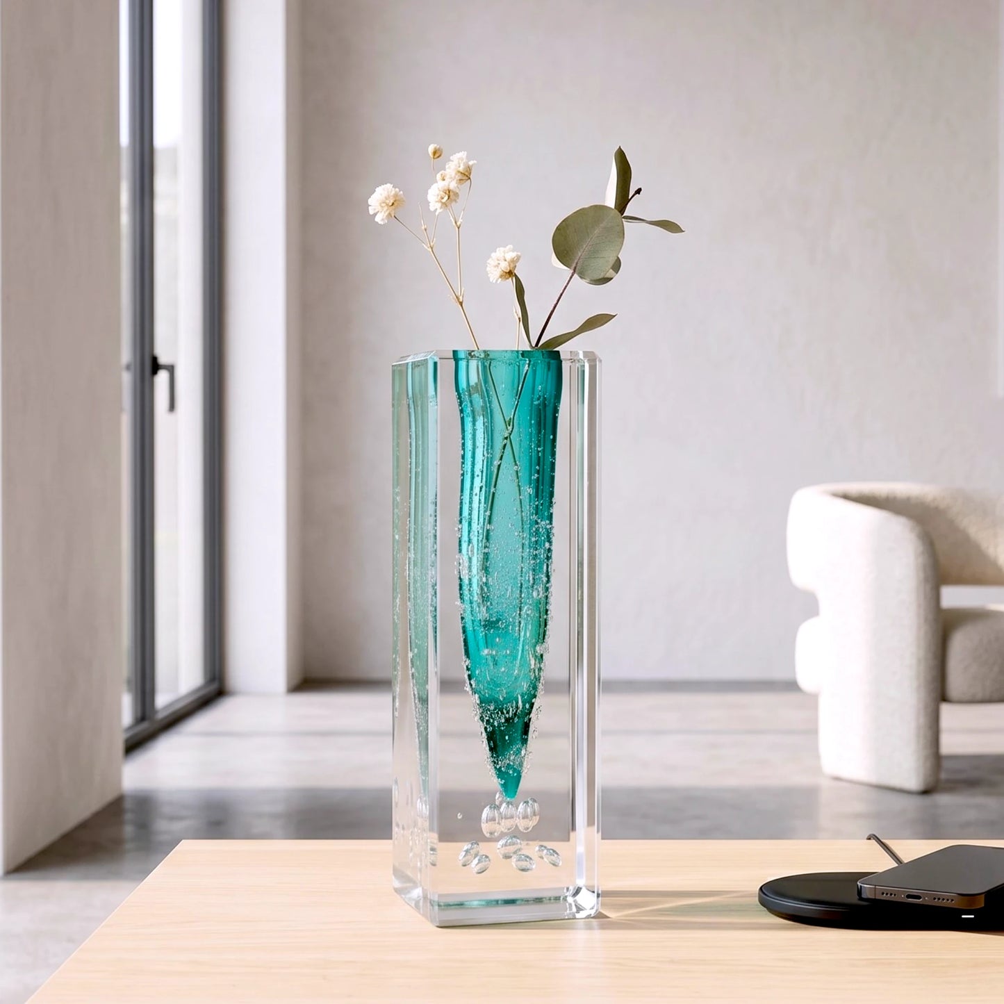 Modern Teal vase, dried florals on wood