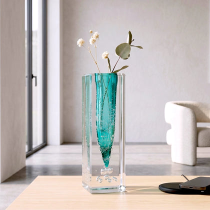 Modern Teal vase, dried florals on wood
