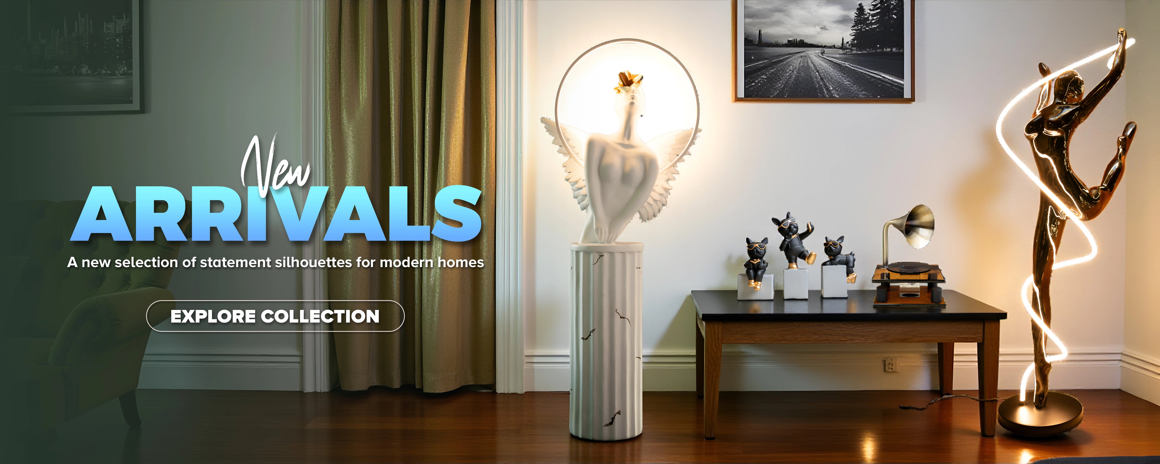 Ghar Art new arrivals featuring angel sculptures with halo light, modern dancer floor lamp, stylish bulldog figurines, and premium décor accents.