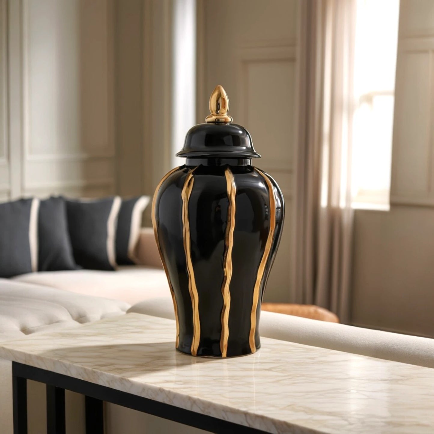 Large noir flow jar, lidded, marble console
