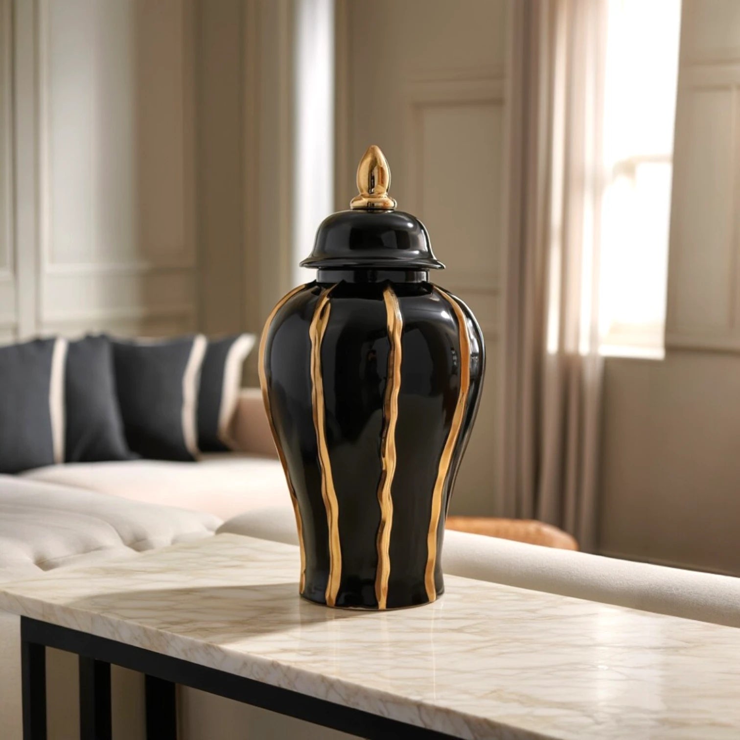 Large noir flow jar, lidded, marble console
