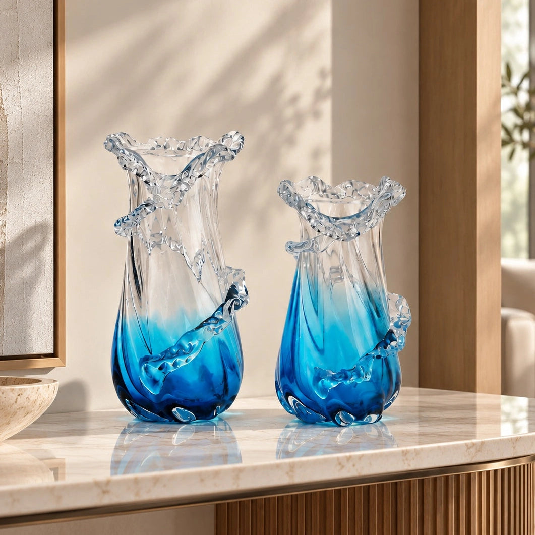 Glass vase with blue gradient on a white background