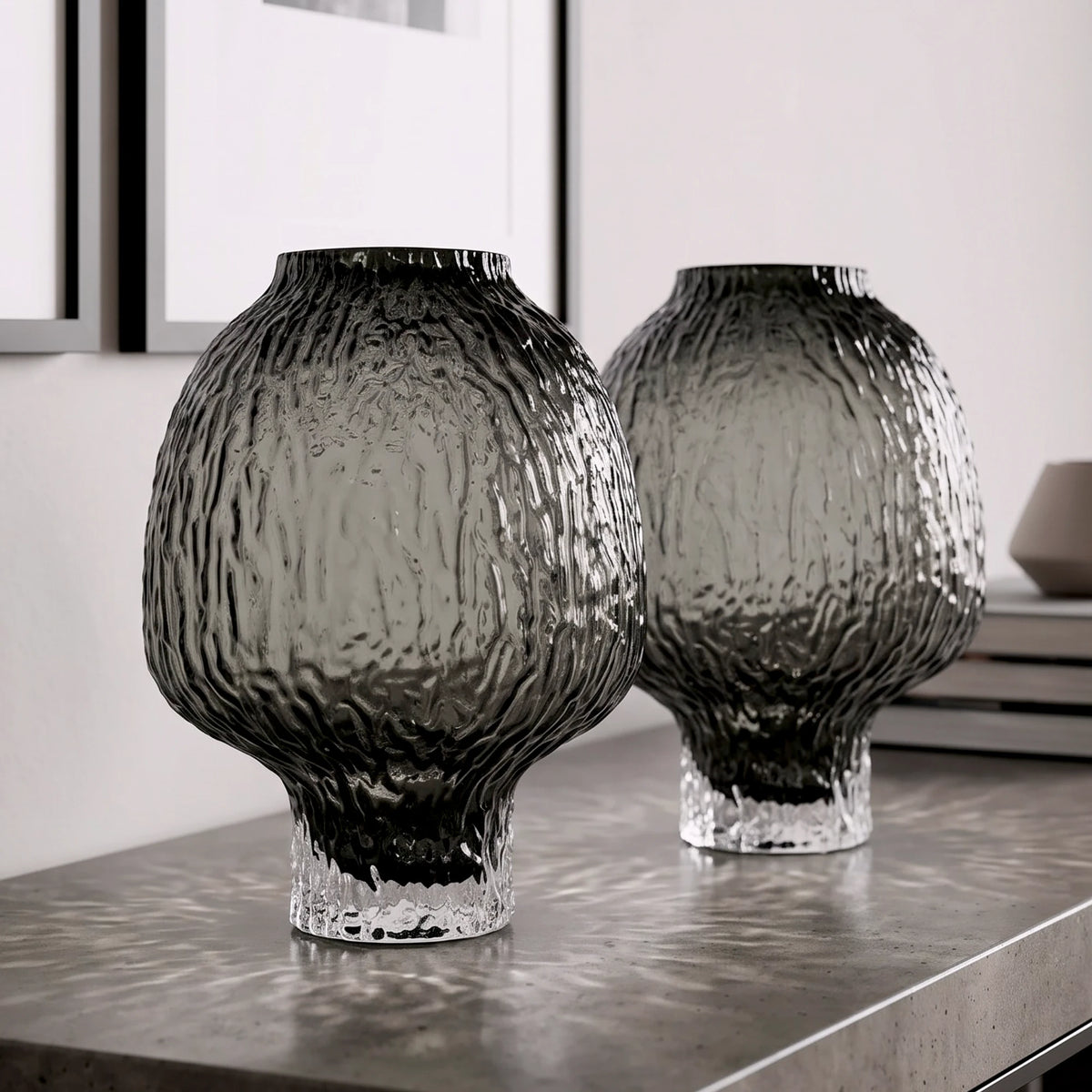 olive charcoal textured glass vase with ripple pattern