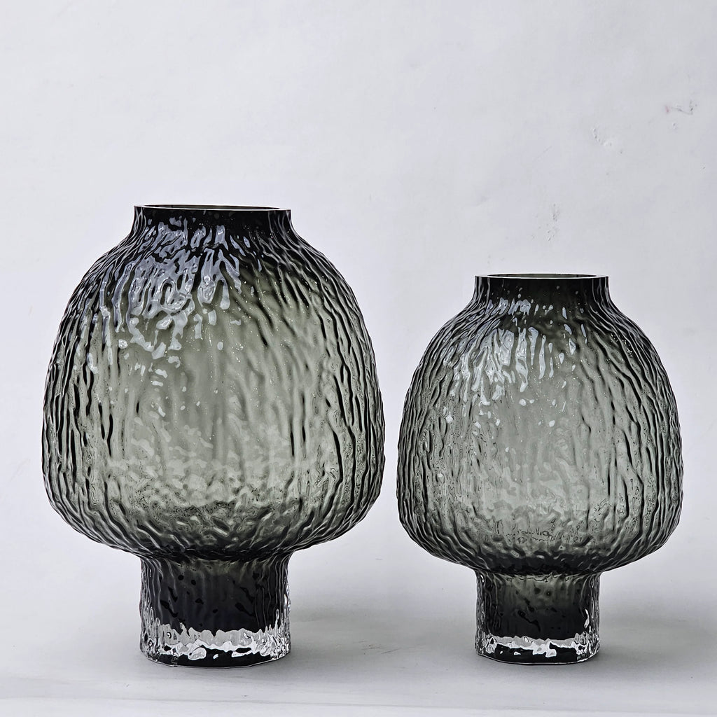 olive charcoal textured glass vase with ripple pattern