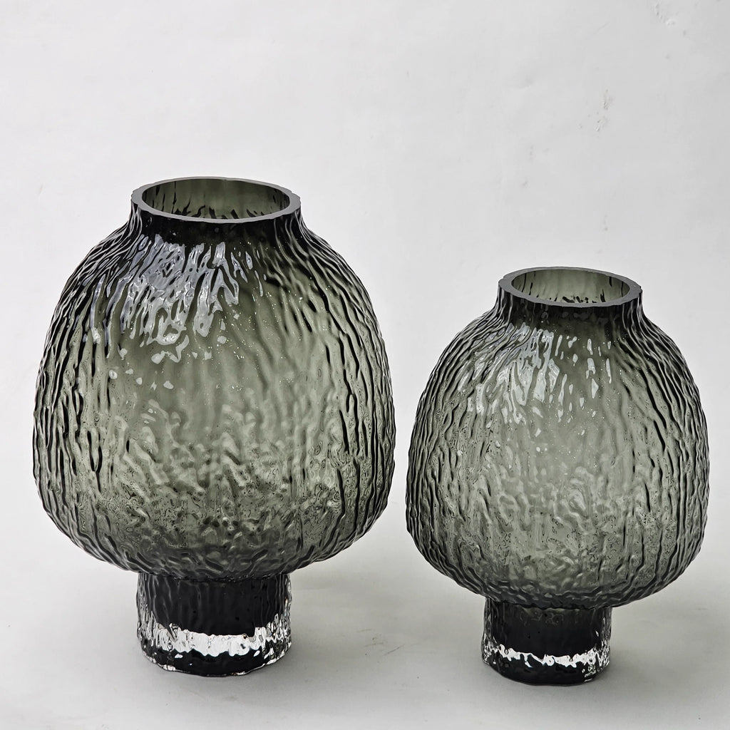 olive charcoal textured glass vase with ripple pattern