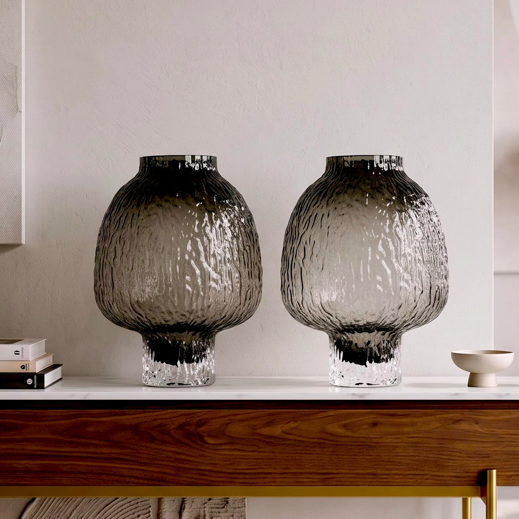 olive charcoal textured glass vase with ripple pattern