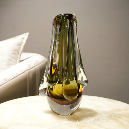 olive ember drip glass vase with smoky olive tones