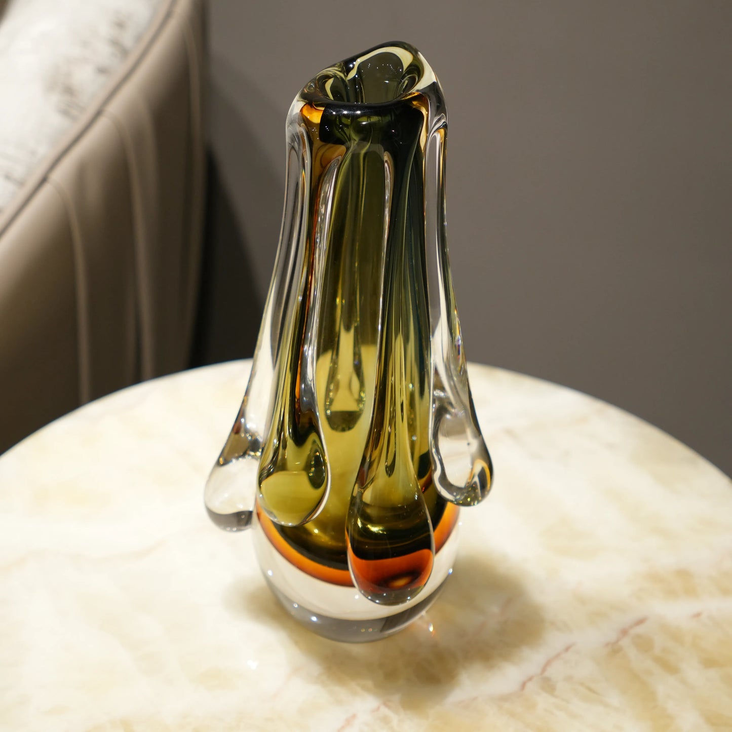olive ember drip glass vase with smoky olive tones