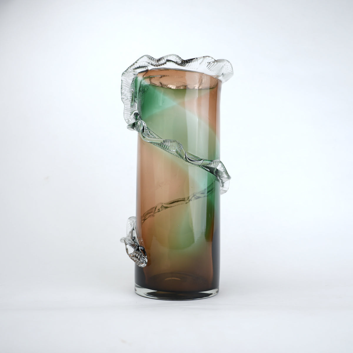 Olive smoke gradient twisted tall glass decorative vase with flared rim