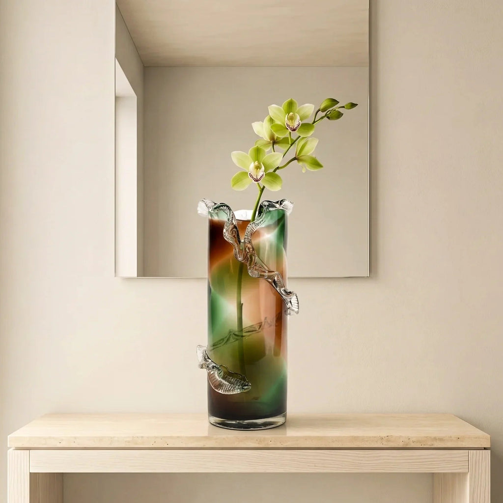 Olive smoke gradient twisted tall glass decorative vase with flared rim