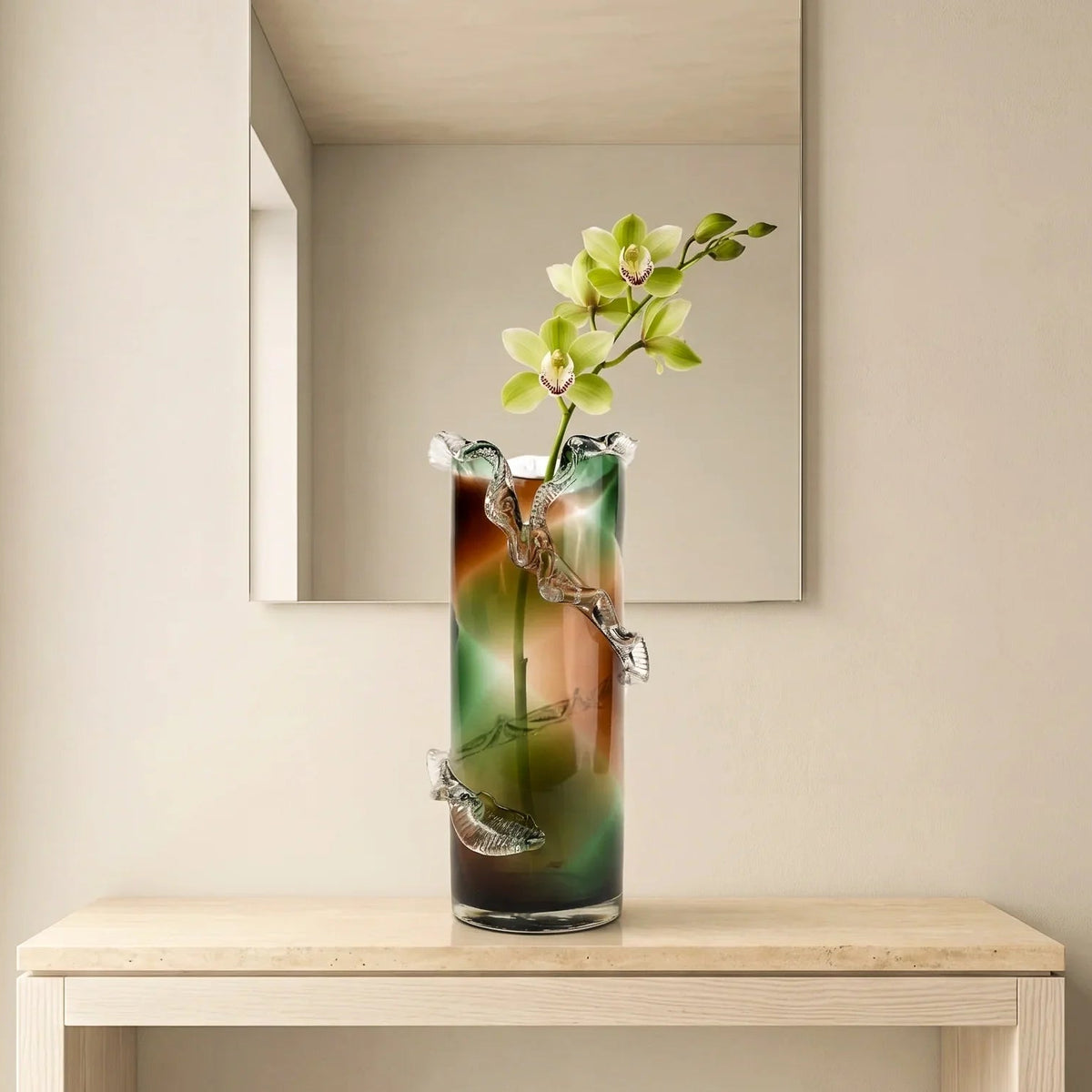 Olive smoke gradient twisted tall glass decorative vase with flared rim