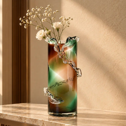 Olive smoke gradient twisted tall glass decorative vase with flared rim