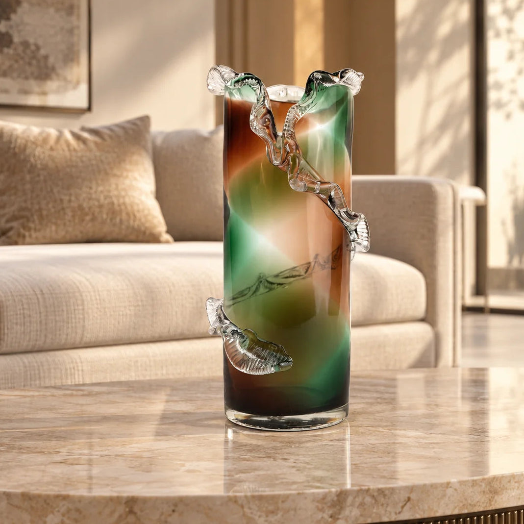 Olive smoke gradient twisted tall glass decorative vase with flared rim
